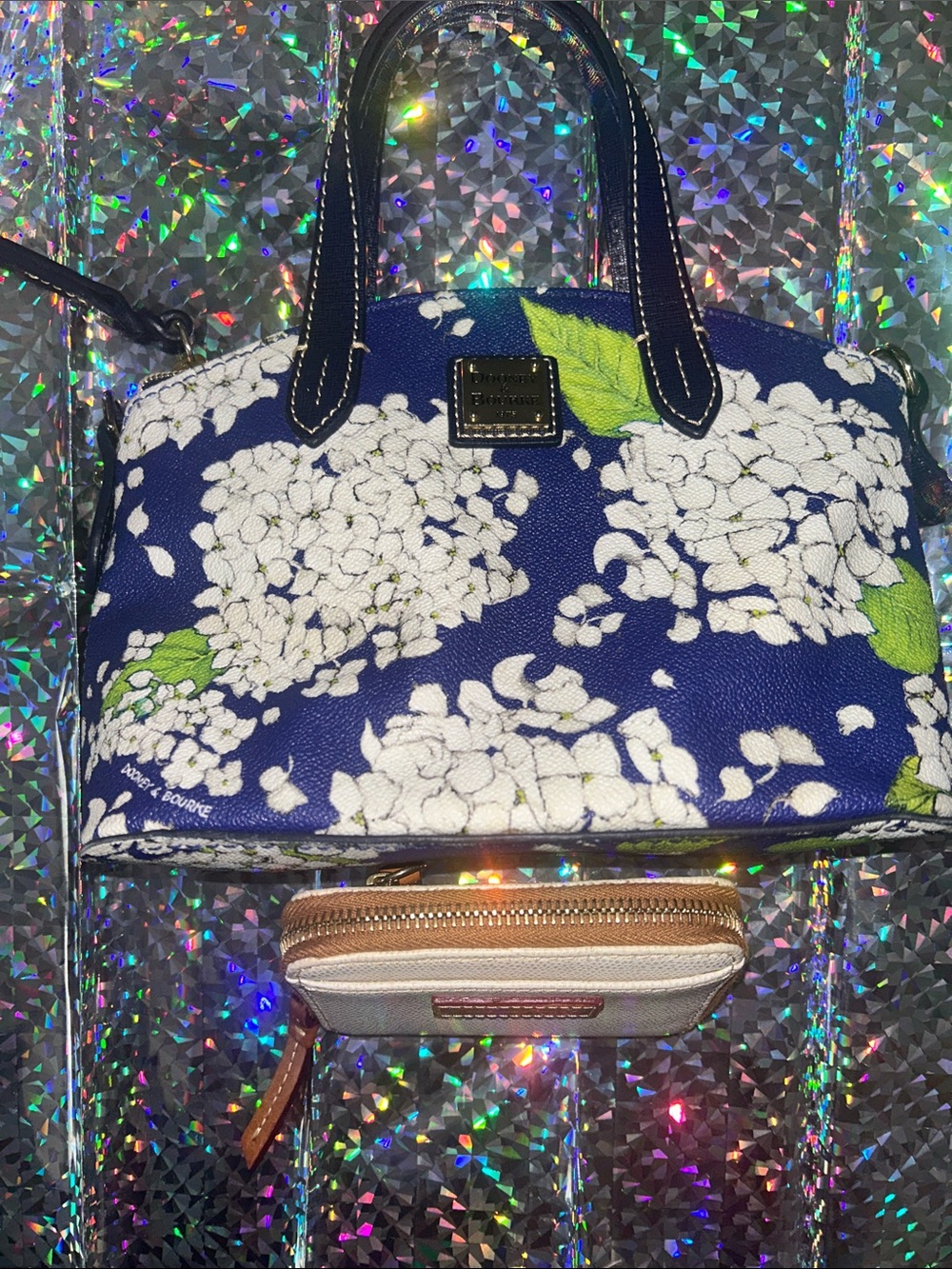 Dooney & Bourke Navy Blue Floral Satchel with White Hydrangeas